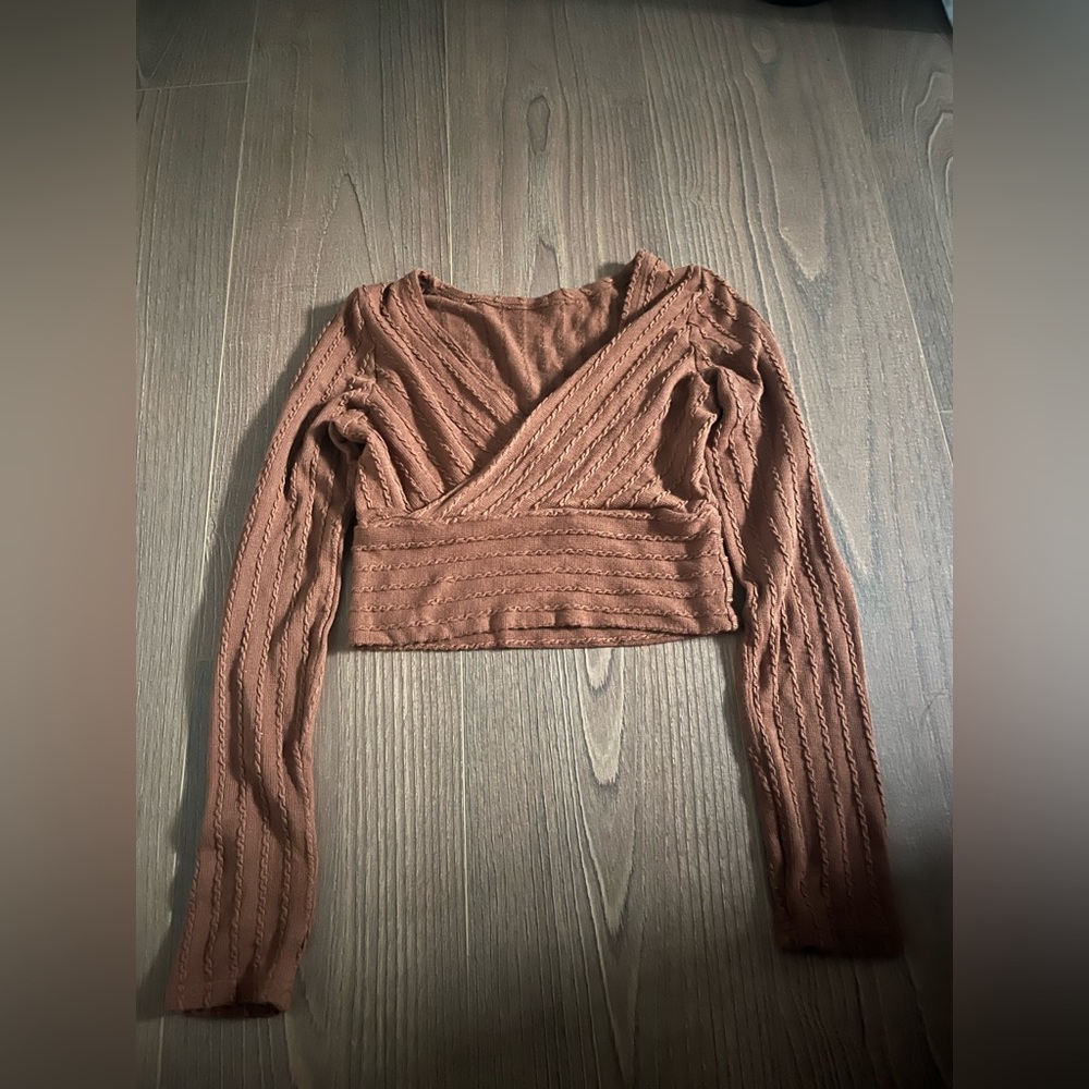 Rust Brown Crossover Cable Knit Long Sleeve Crop Top Size Xs Perfect Condition